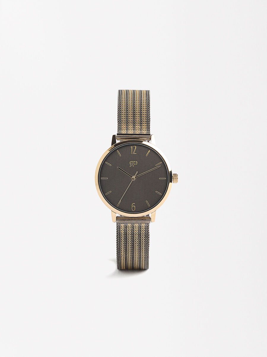 Watch with bicolour stainless steel mesh bracelet