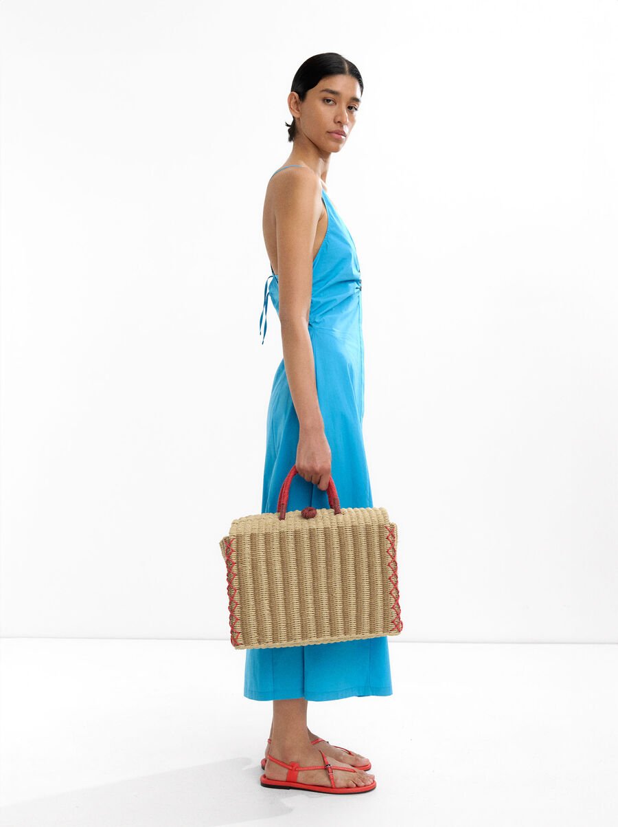 Straw-effect rectangular tote bag