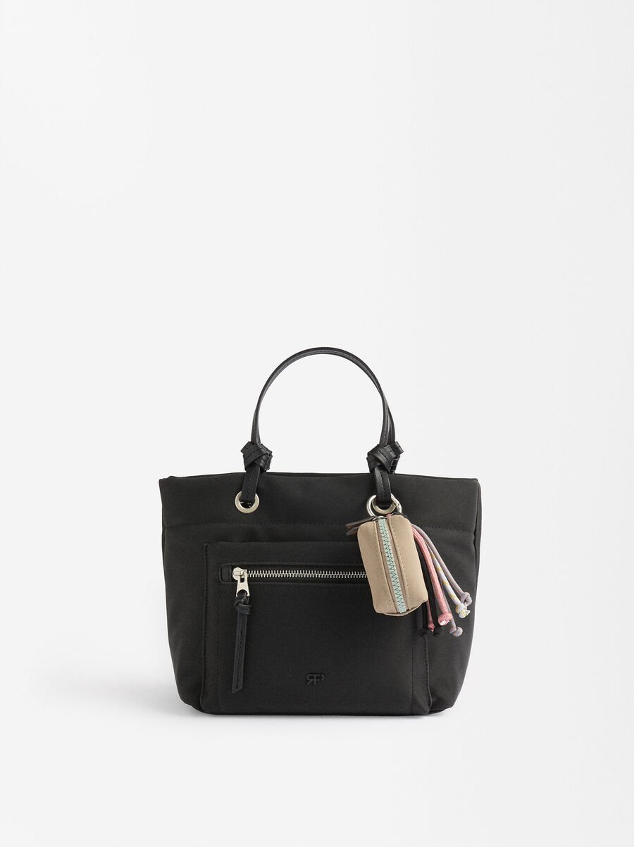 Nylon-effect tote bag with charm