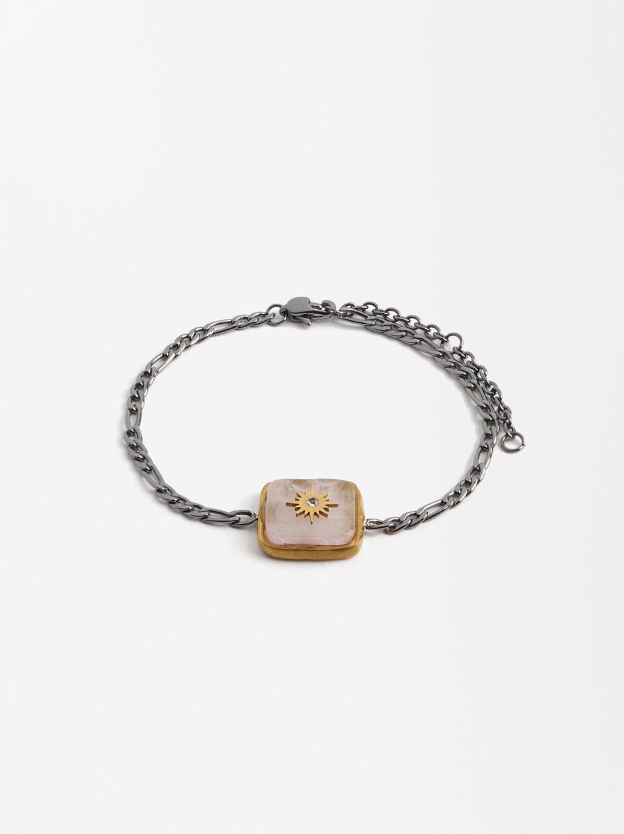 Bicolor Link Bracelet with Stone - Stainless Steel